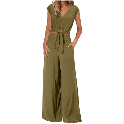 Short Top Wide Leg Pants Suit Army Green - Shop at LoveMi