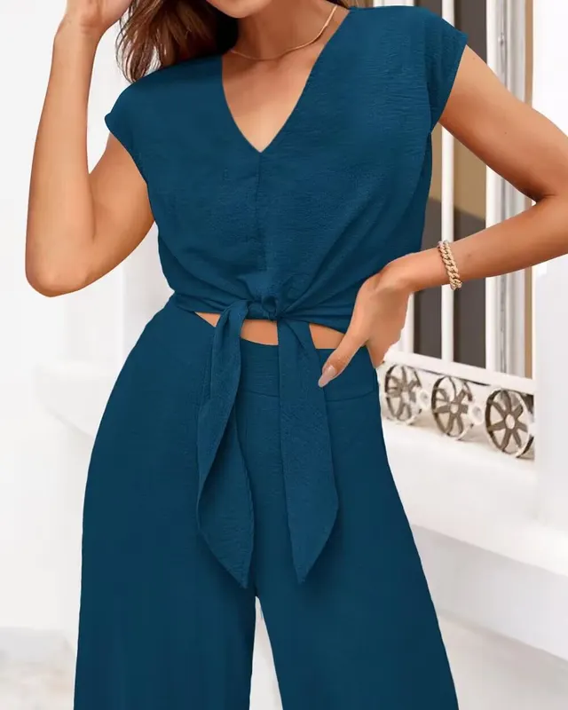 Short Top Wide Leg Pants Suit Dark Green - Shop at LoveMi