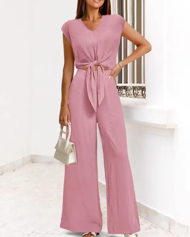 Short Top Wide Leg Pants Suit Pink - Shop at LoveMi