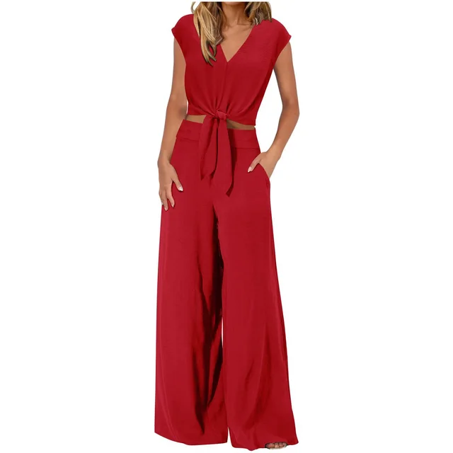 Short Top Wide Leg Pants Suit Red - Shop at LoveMi