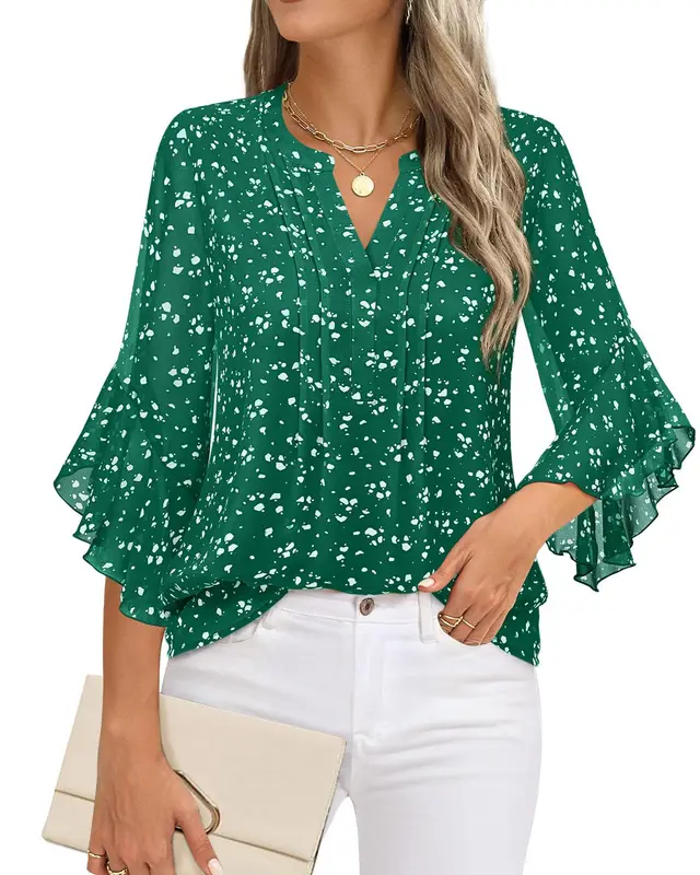 Lotus Leaf 34 Sleeve Top Solid Color Fashion Green - Shop at LoveMi