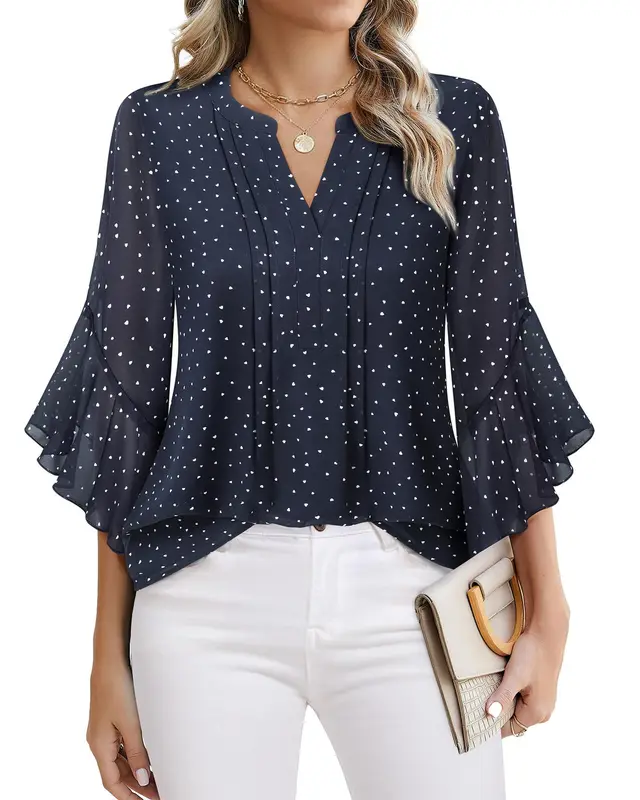 Lotus Leaf 34 Sleeve Top Solid Color Fashion Navy Blue - Shop at LoveMi