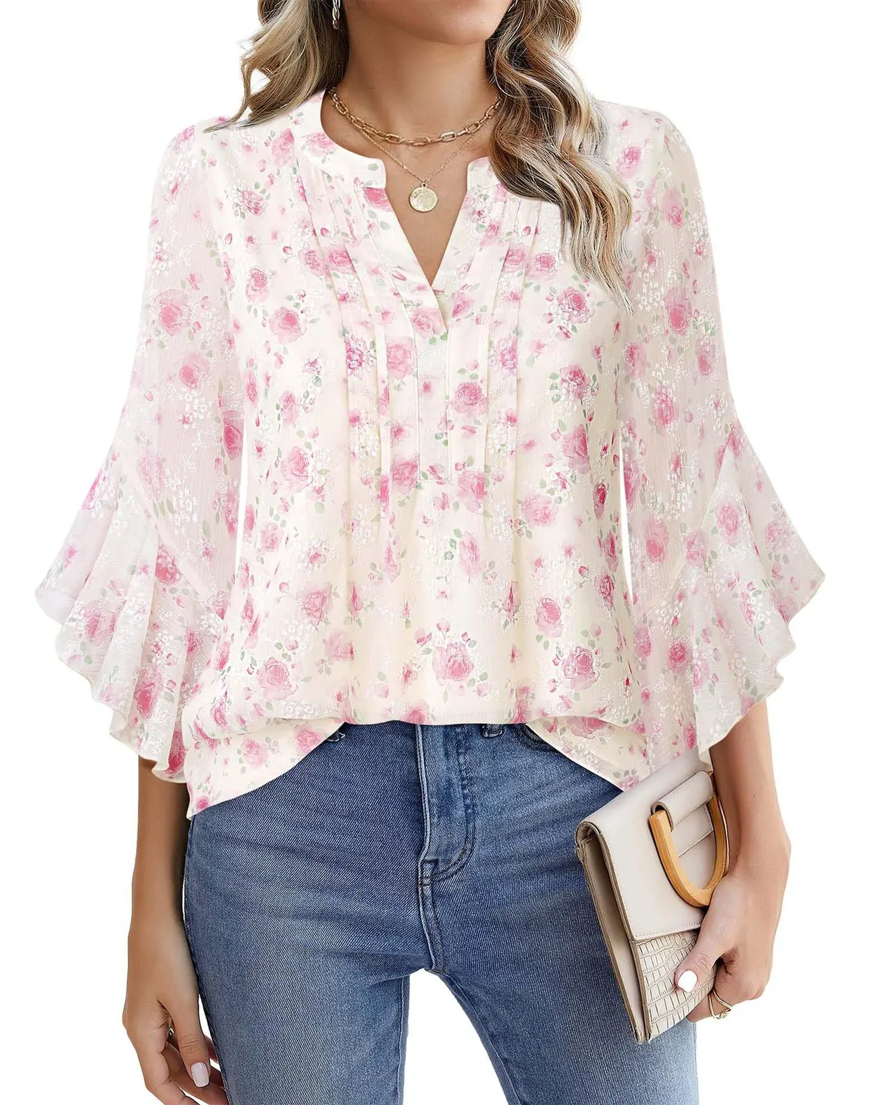 Lotus Leaf 34 Sleeve Top Solid Color Fashion - Pink Roses