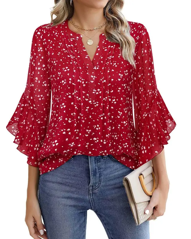 Lotus Leaf 34 Sleeve Top Solid Color Fashion Red - Shop at LoveMi