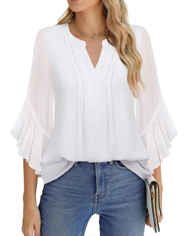 Lotus Leaf 34 Sleeve Top Solid Color Fashion White - Shop at LoveMi