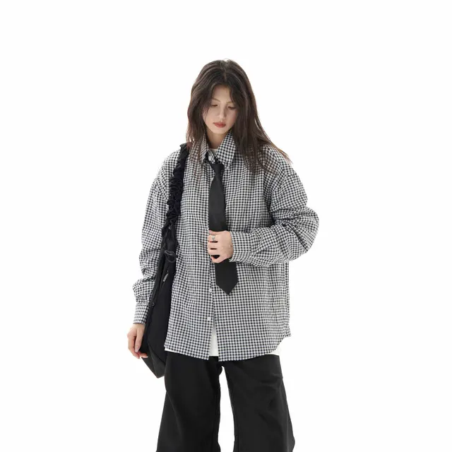Black Plaid Shirt Long Sleeve Women Casual Loose Shirt Coat Black White - Shop at LoveMi