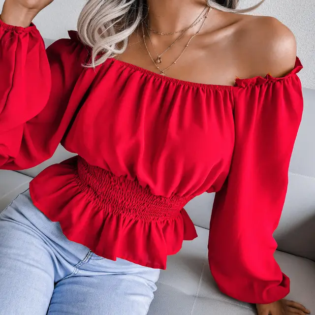 Female One Necked Off Shoulder Hem With Ruffled Edges Chiffon Sweater Red - Shop at LoveMi
