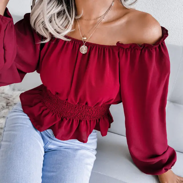Female One Necked Off Shoulder Hem With Ruffled Edges Chiffon Sweater Wine Red - Shop at LoveMi