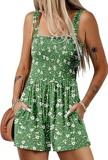 Flower Print Shorts Jumpsuit Summer Fashion Sleeveless Beach Bodysuit Green - Shop at LoveMi