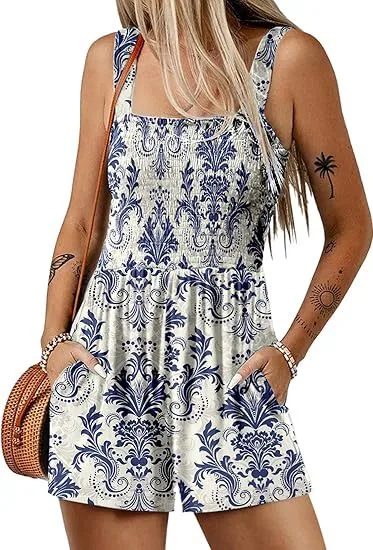 Flower Print Shorts Jumpsuit Summer Fashion Sleeveless Beach Bodysuit Light Blue - Shop at LoveMi
