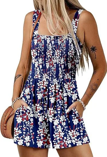 Flower Print Shorts Jumpsuit Summer Fashion Sleeveless Beach Bodysuit Navy - Shop at LoveMi