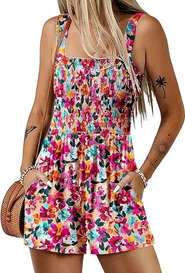 Flower Print Shorts Jumpsuit Summer Fashion Sleeveless Beach Bodysuit Rose - Shop at LoveMi