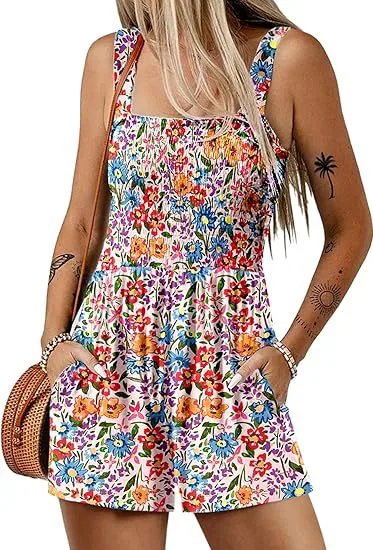 Flower Print Shorts Jumpsuit Summer Fashion Sleeveless Beach Bodysuit Xl Multiple Colors - Shop at LoveMi