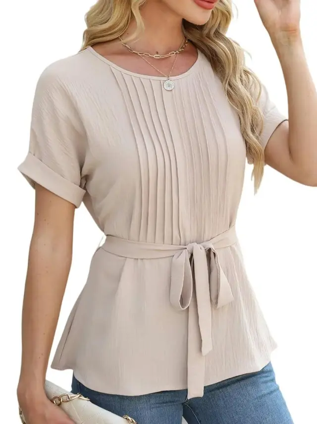 Casual Shirt Ruffled Pleated Round Neck Short Sleeve Top Apricot - Shop at LoveMi