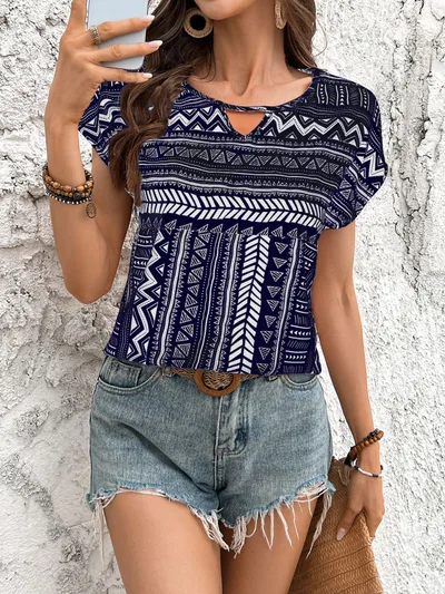 Women's Geometric Pattern Round Neck Short sleeved Shirt Top Navy - Shop at LoveMi