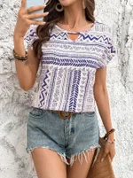Women's Geometric Pattern Round Neck Short-sleeved Shirt Top - White
