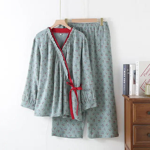 Vintage Printed Slant Opening Long Sleeves Trousers Homewear Green Rose - Shop at LoveMi