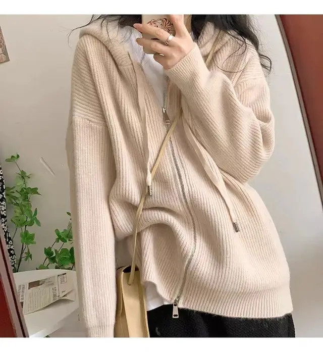 Autumn And Winter New Loose Hooded Knitted Zip Cardigan Tops Apricot - Shop at LoveMi