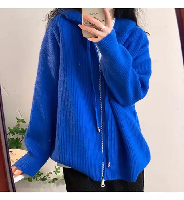 Autumn And Winter New Loose Hooded Knitted Zip Cardigan Tops Blue - Shop at LoveMi