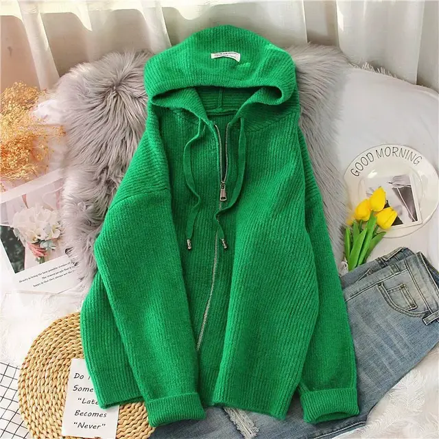 Autumn And Winter New Loose Hooded Knitted Zip Cardigan Tops Green - Shop at LoveMi