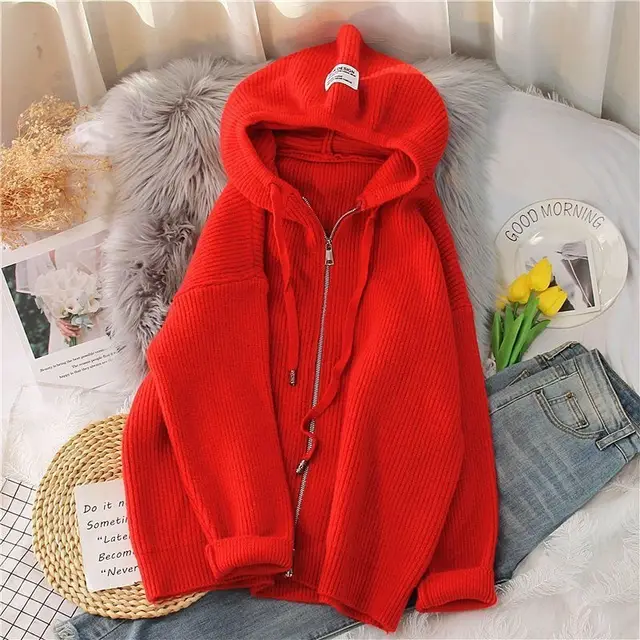 Autumn And Winter New Loose Hooded Knitted Zip Cardigan Tops Red - Shop at LoveMi
