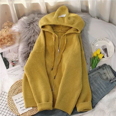 Autumn And Winter New Loose Hooded Knitted Zip Cardigan Tops Yellow - Shop at LoveMi