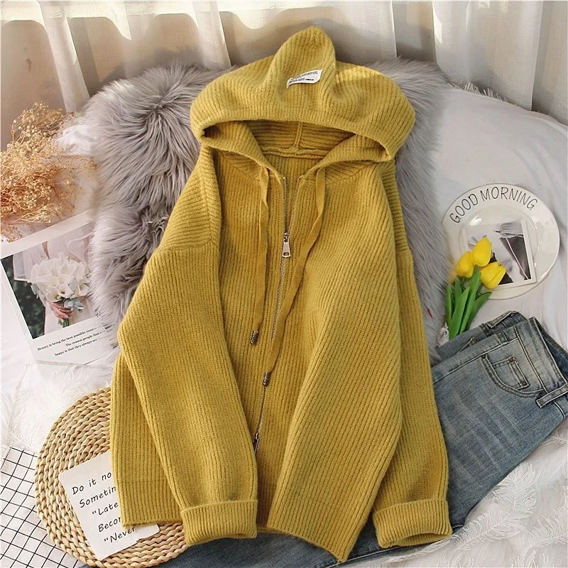 Autumn And Winter New Loose Hooded Knitted Zip Cardigan Tops - Yellow - View 1