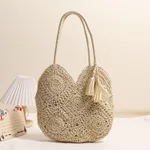 Hollow Tassel Straw Bag Large Capacity Shoulder Woven Bag - Grandmother Plaid Tassel
