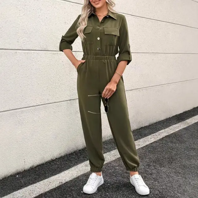 Women's Long sleeved Lapel Fashion Shirt Jumpsuit Army Green - Shop at LoveMi