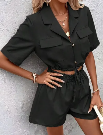 Women's Short sleeved Cardigan Drawstring Shorts Suit Black - Shop at LoveMi