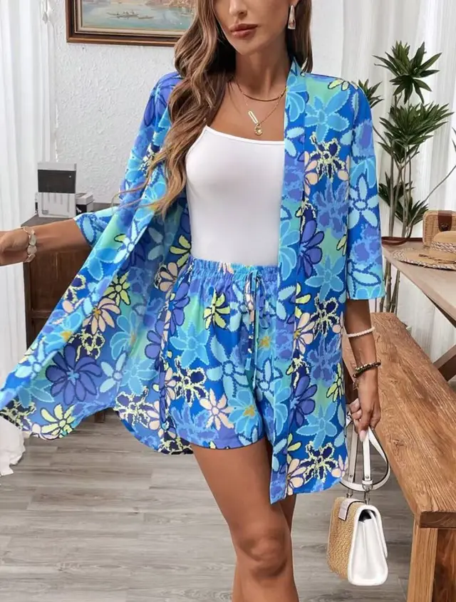 Holiday Floral Print Elegant Two piece Shirt Blue - Shop at LoveMi