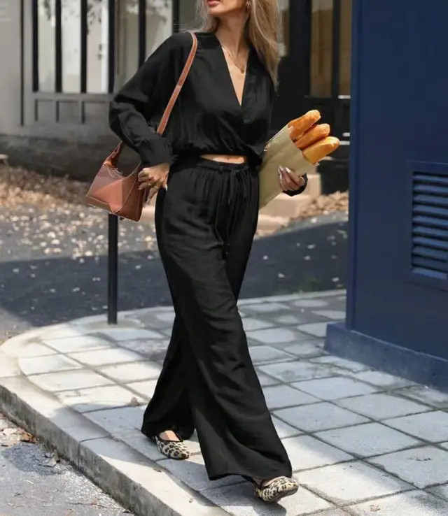 Fashion Women's Wear Long Sleeve V neck Top Suit Black - Shop at LoveMi
