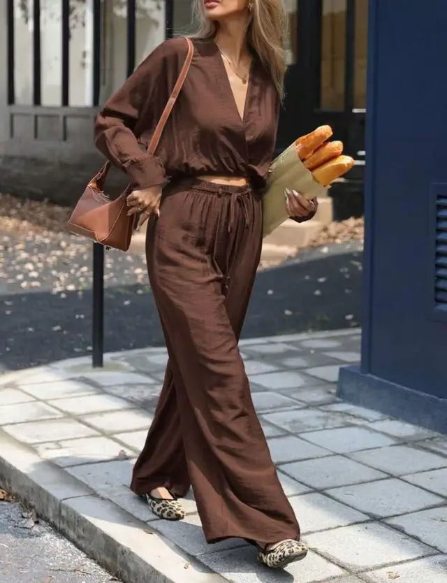 Fashion Women's Wear Long Sleeve V neck Top Suit Dark Brown - Shop at LoveMi