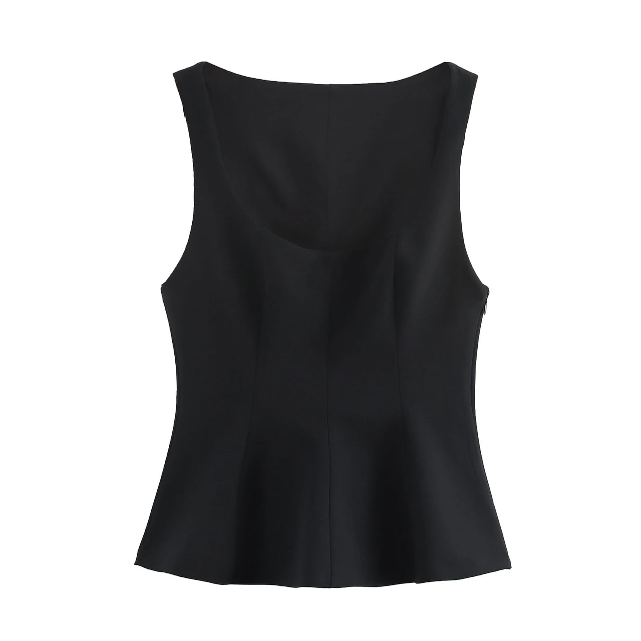 Pleated Slim-fit Square Collar Sleeveless Small Top - Black