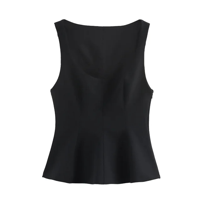 Pleated Slim fit Square Collar Sleeveless Small Top Black - Shop at LoveMi