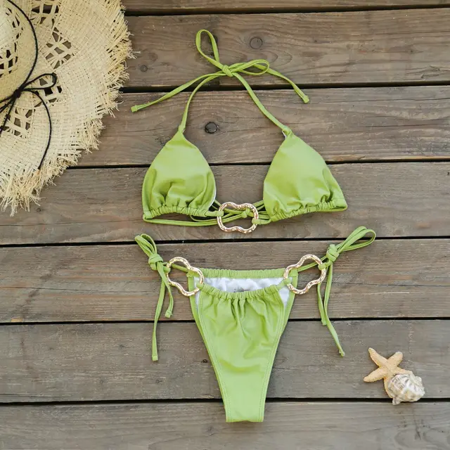 Women's Three point Bikini Backless Lace up Split Swimsuit Green - Shop at LoveMi