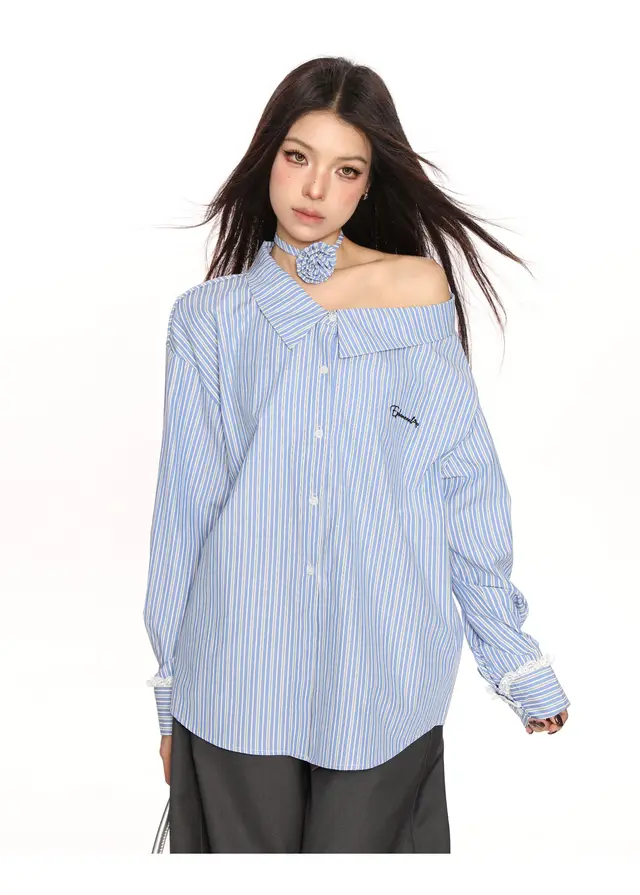 Blue Striped Shoulder Slimming Shirt Women's Long sleeved Top Blue - Shop at LoveMi