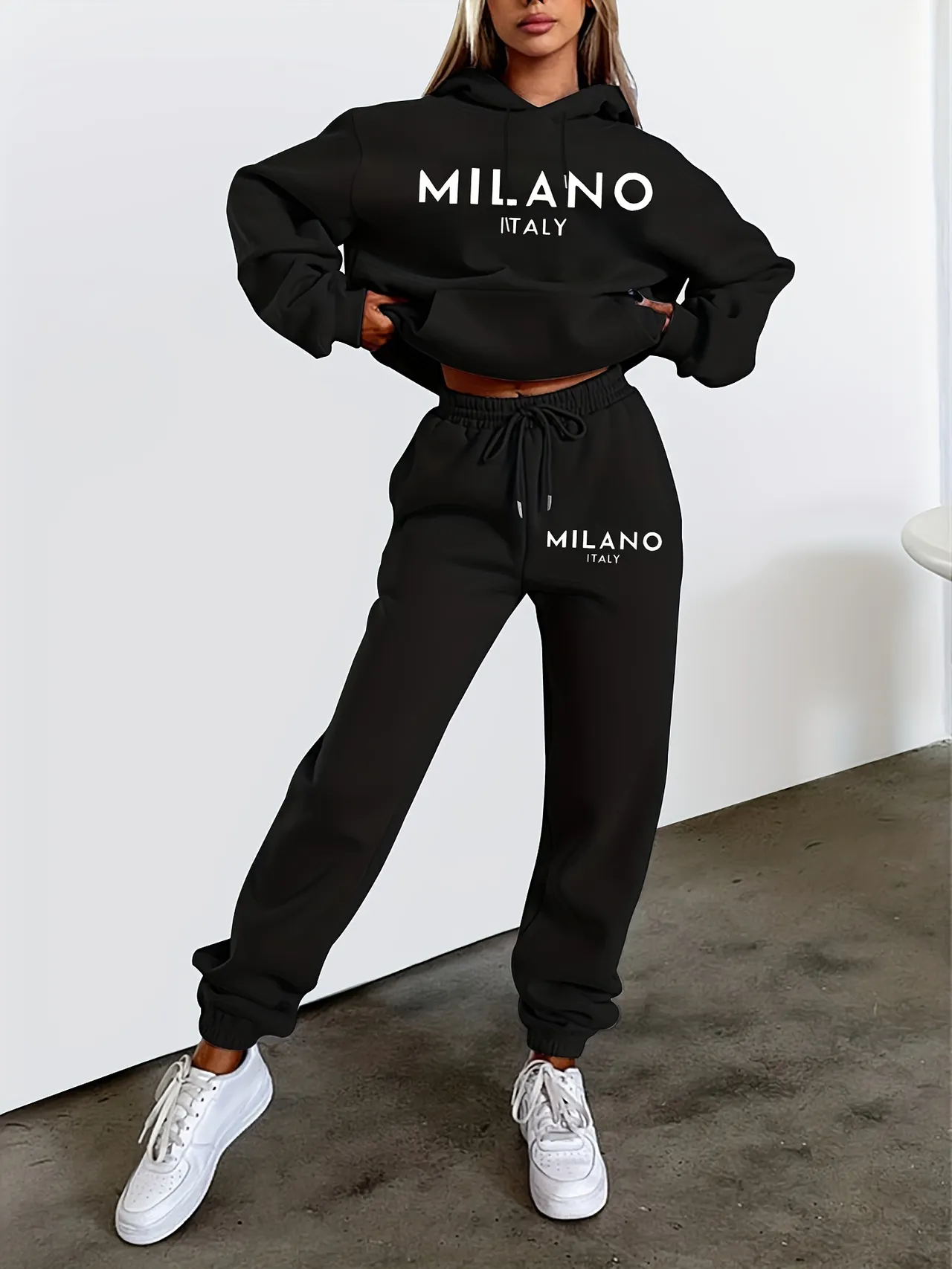 Women's Fashion Printed Hoodie Suit - Black