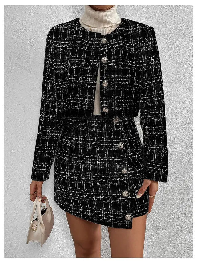 Heavy Industry Knitting Classic Style Jacket Half Body Skirt Outfit Black - Shop at LoveMi