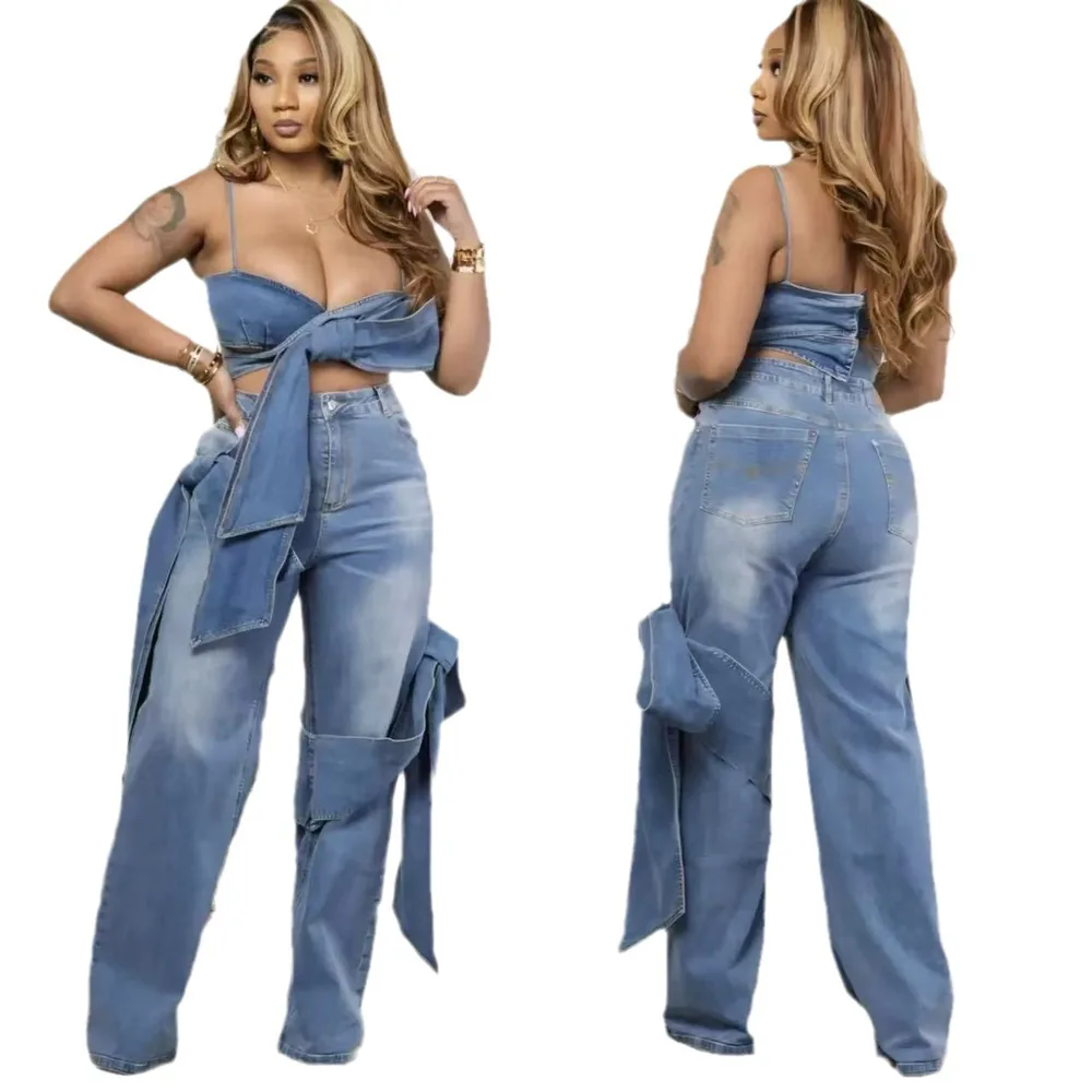 Sexy Camisole Tube Top Denim Trousers Suit - Blue