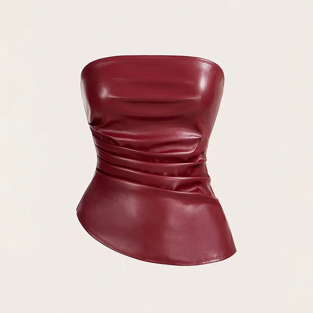 Solid Color Versatile Sexy Strapless Leather Jacket Tube Top Pleated Leather Top - Shop at LoveMi