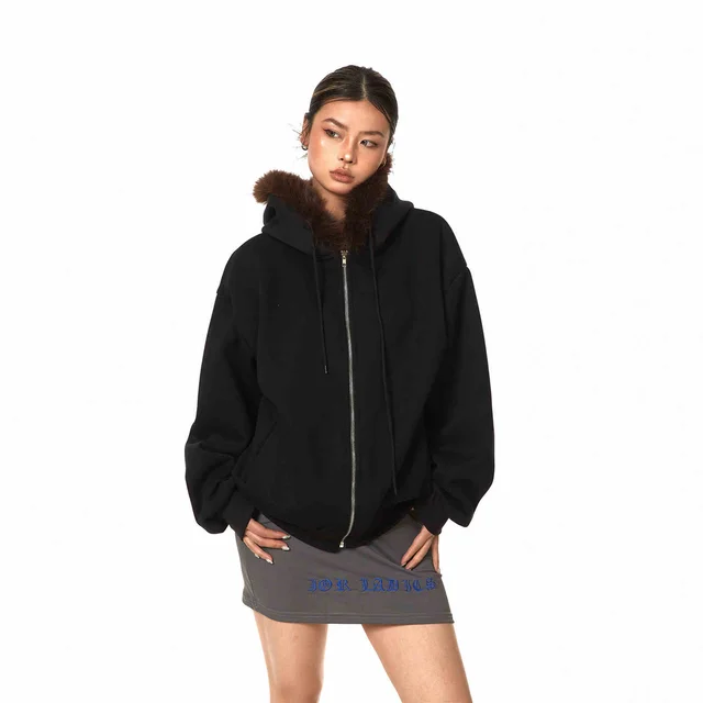 Retro Hooded Cardigan Fur Collar Sweater Loose Casual Women's Coat Black - Shop at LoveMi