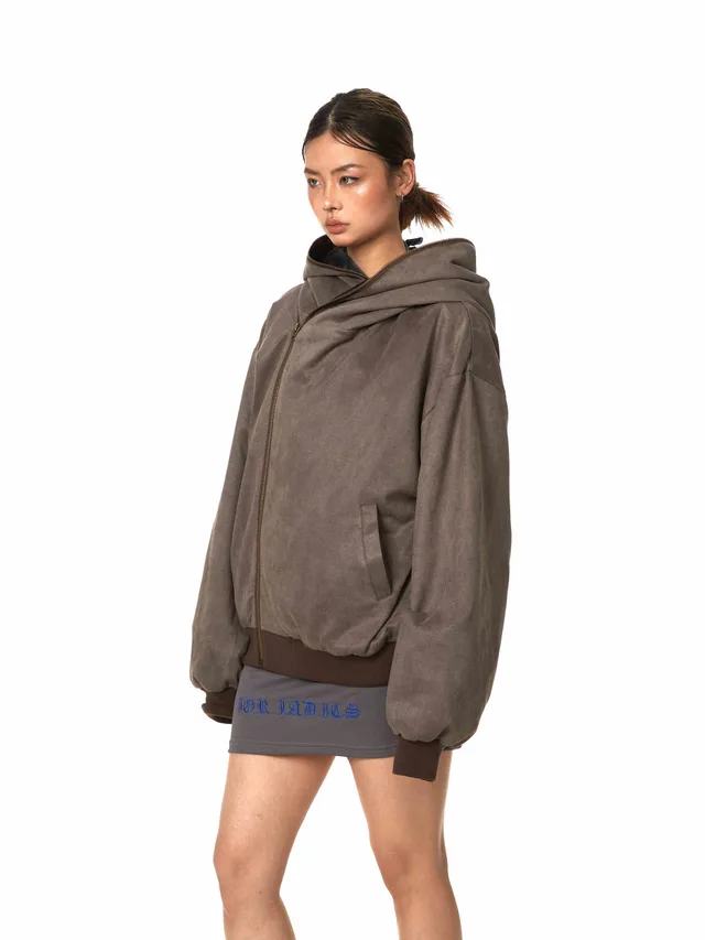 Cardigan Oblique Zipper Sweater Deconstructed Hooded Women's Coat Brown - Shop at LoveMi