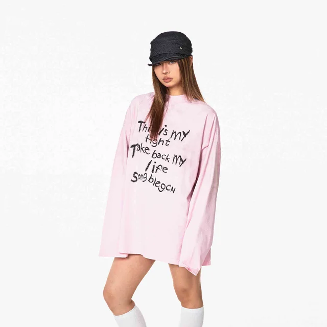 Distressed Letters T shirt Loose Casual Bottoming Top Pink - Shop at LoveMi