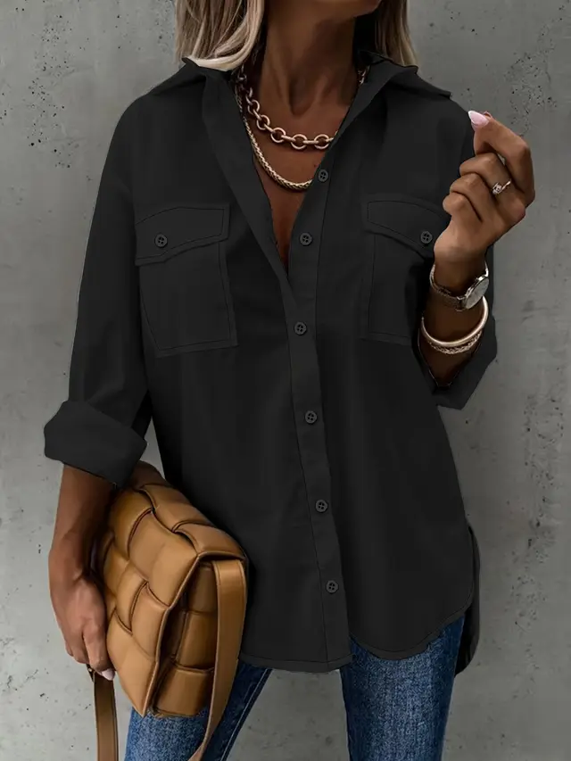 Loose Long Sleeve Lapel Shirt With Pockets Top Black - Shop at LoveMi