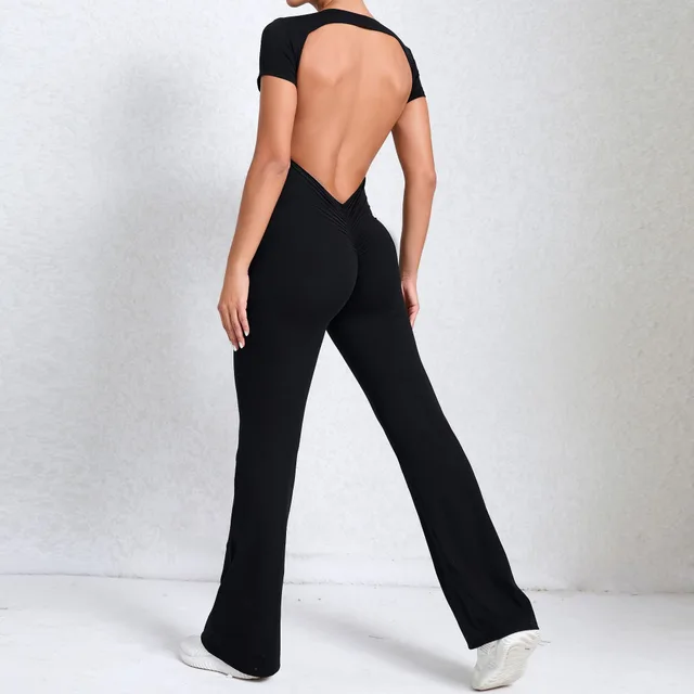 Bare Back Short Sleeve Nude Feel Yoga Outer Wear Fitness Sports Jumpsuit Black - Shop at LoveMi