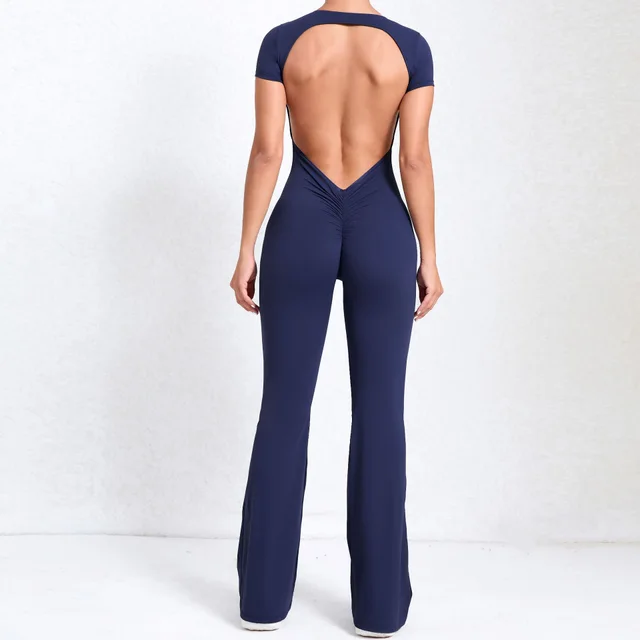 Bare Back Short Sleeve Nude Feel Yoga Outer Wear Fitness Sports Jumpsuit Navy Blue - Shop at LoveMi