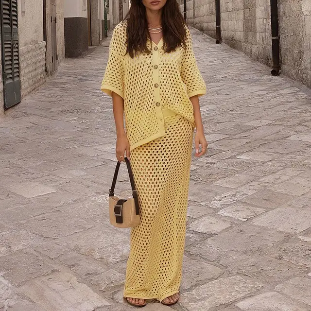 Casual Skirt Fashion Hollowed out Fishnet Knitted Shirtdress Yellow - Shop at LoveMi