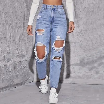 Casual High Waist Ripped Denim Trousers Blue - Shop at LoveMi