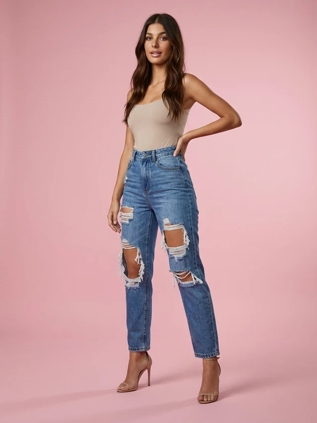 Casual High Waist Ripped Denim Trousers Dark Blue - Shop at LoveMi